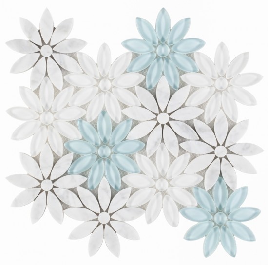 Daisy Flower Pattern Blue & White Glass with Carrara White Marble