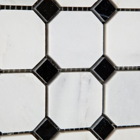 Oriental & Eastern White Marble Octagon Mosaic Tiles Black Dots