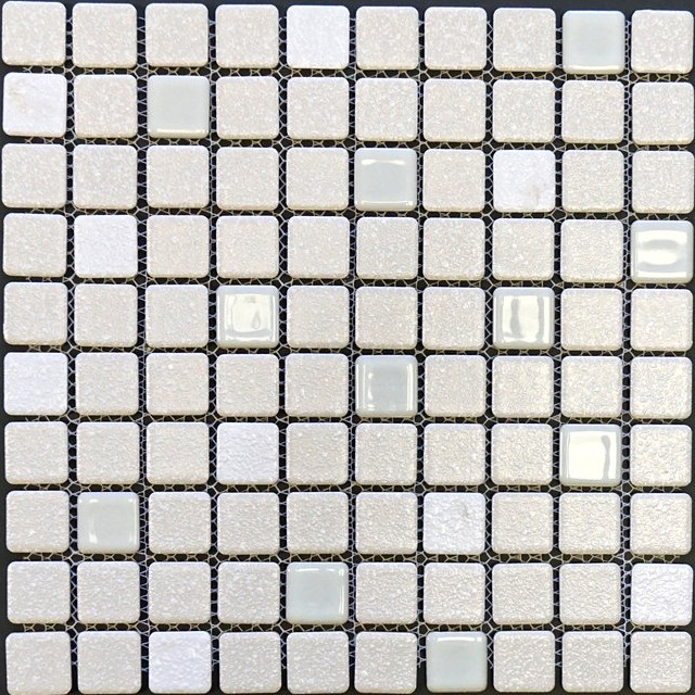 1x1 Bone Porcelain Rounded Corner Squares Mosaic Tile with Crystalline