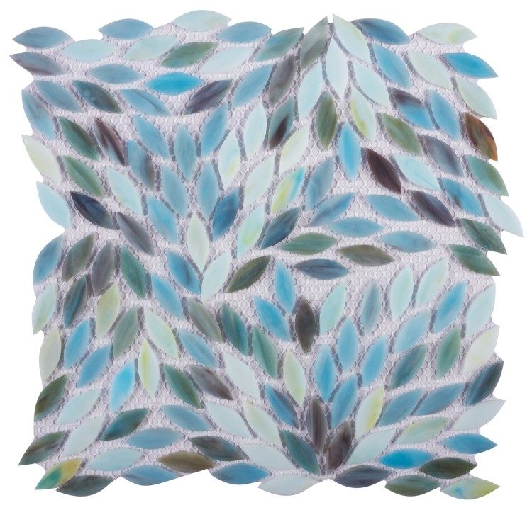 12x12 Newport Blue Leaf Pattern Stained Glass Mosaic Tile