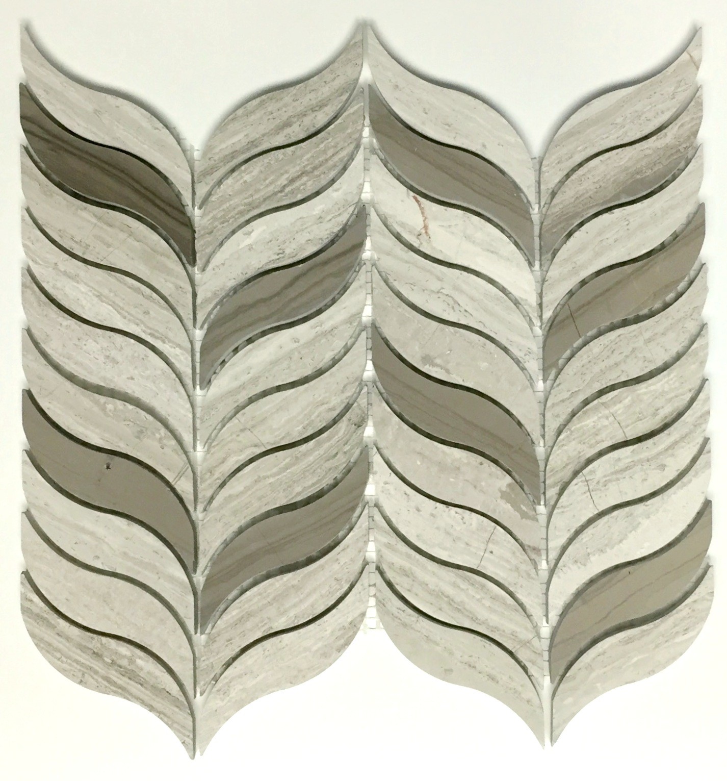 Feather III Water Jet Mosaic Tile in Oyster and Athens Grey Polished Marble